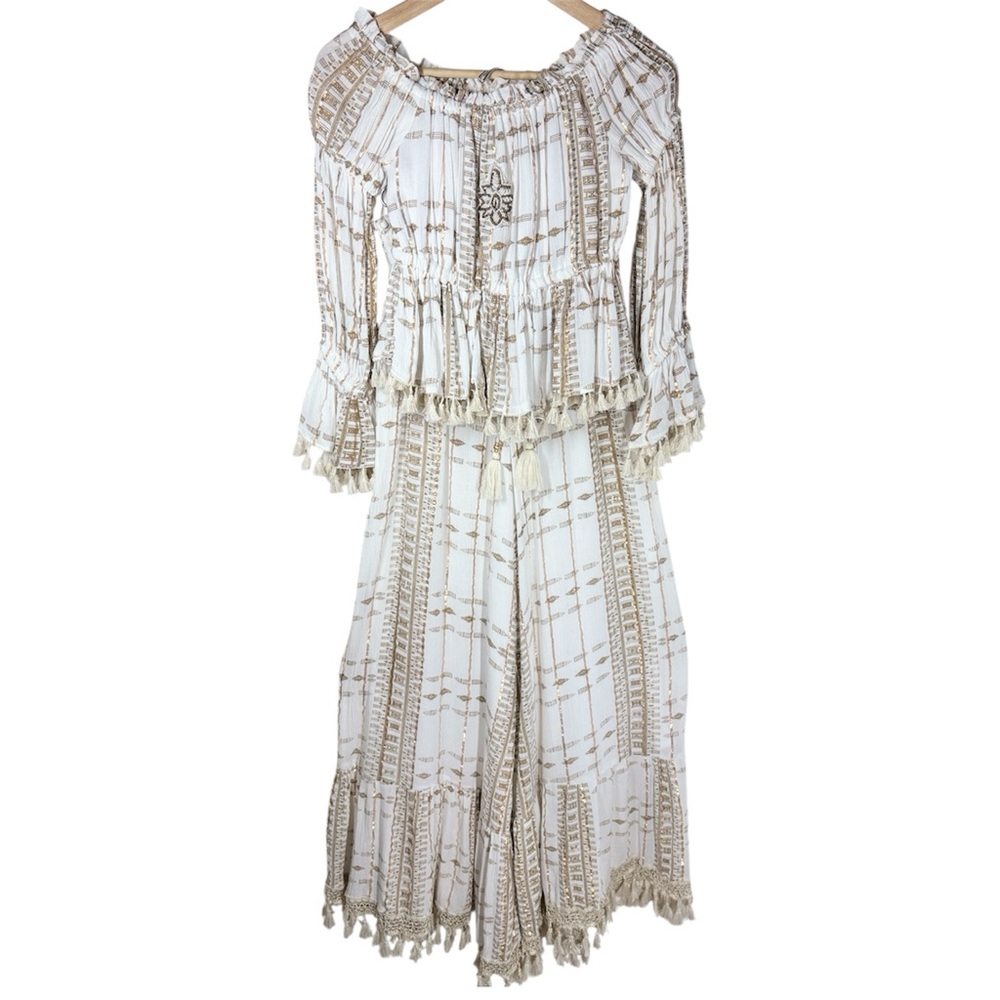 Siya Boho 2 Piece Set Top Pants Wide Leg Tassels Flowy Size Small White Ivory